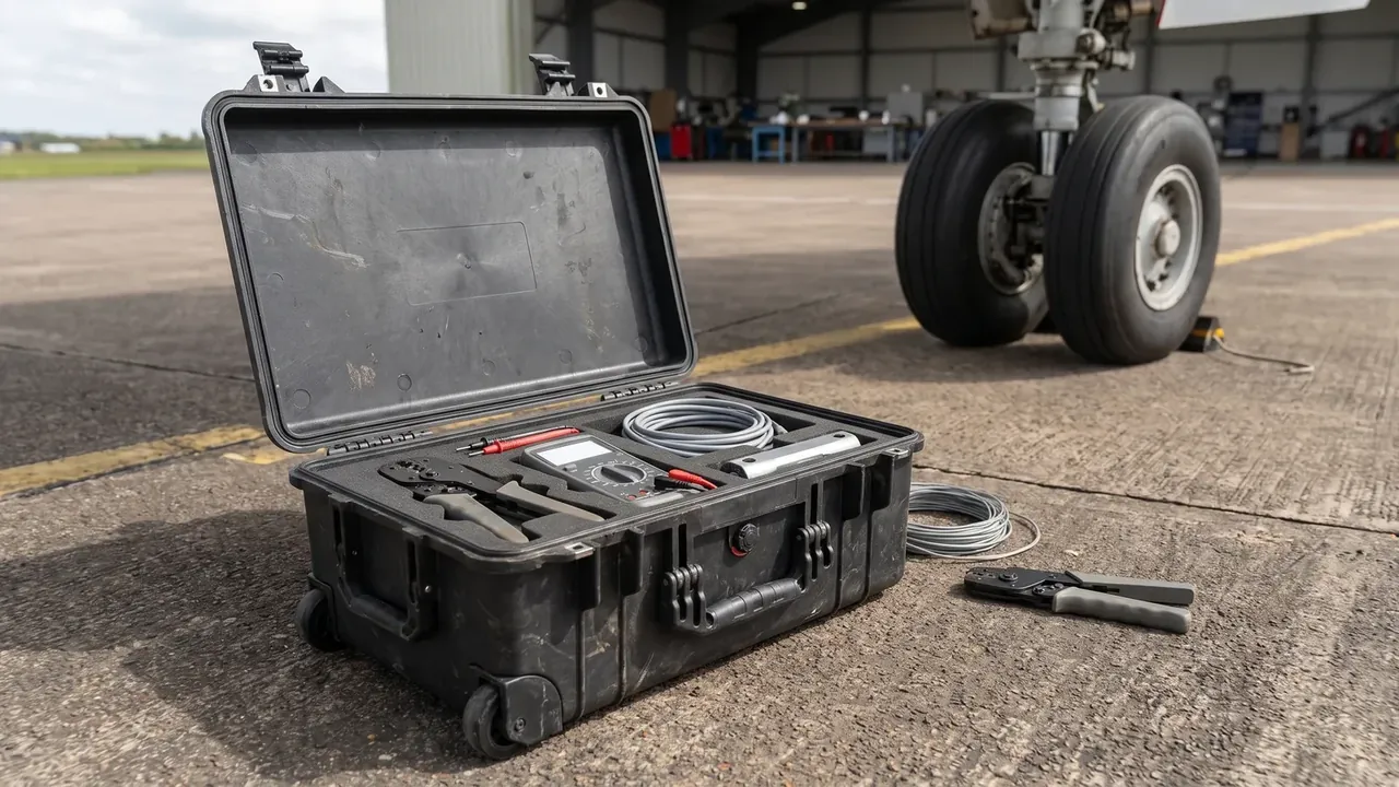 Wheeled Protective Case: lid open on a tarmac, foam holding a multimeter and crimper, two casters at the lower corner, aircraft landing gear behind