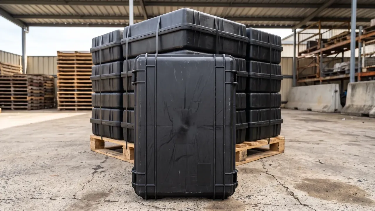 Wheeled Protective Case: one case standing upright on concrete, corner rails scuffed pale, a pallet stack of cases behind