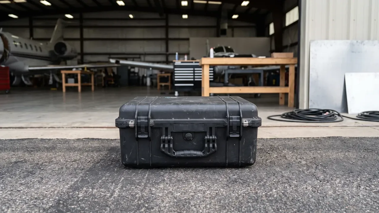 Wheeled Protective Case: case lying on asphalt, scuffed lid, two latches and a folding handle on the front, open hangar and a jet behind