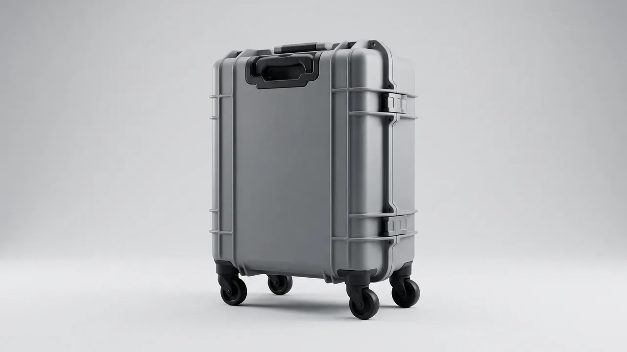 Wheeled Protective Case: silver-grey case standing upright on four black castors, recessed top handle, vertical ribs down both corners