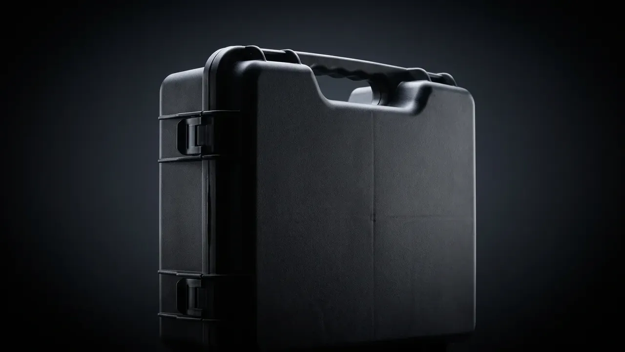 Wheeled Protective Case: rear of a black case, moulded top handle across the width, two hinges stacked on the side face, even matte texture