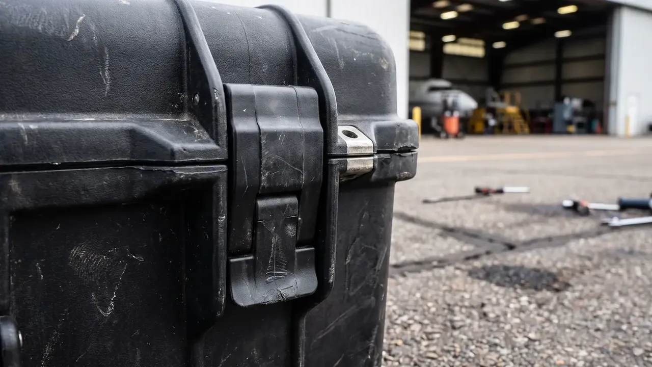 Wheeled tool case wholesale: black front moulding with two wide draw latches, a metal padlock eye between them, scuffed shell, blurred hangar
