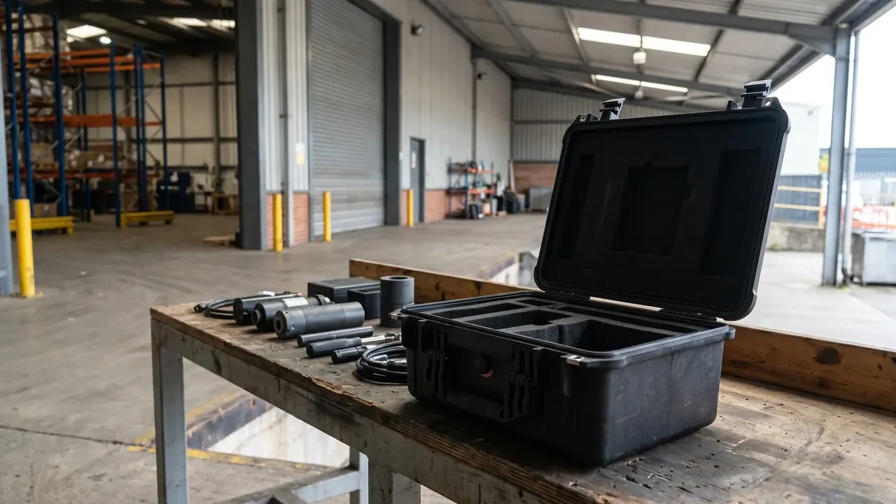 Wheeled tool case wholesale: open black case on a worn wooden table, empty foam compartments, cylindrical parts and cables beside it, warehouse racks behind