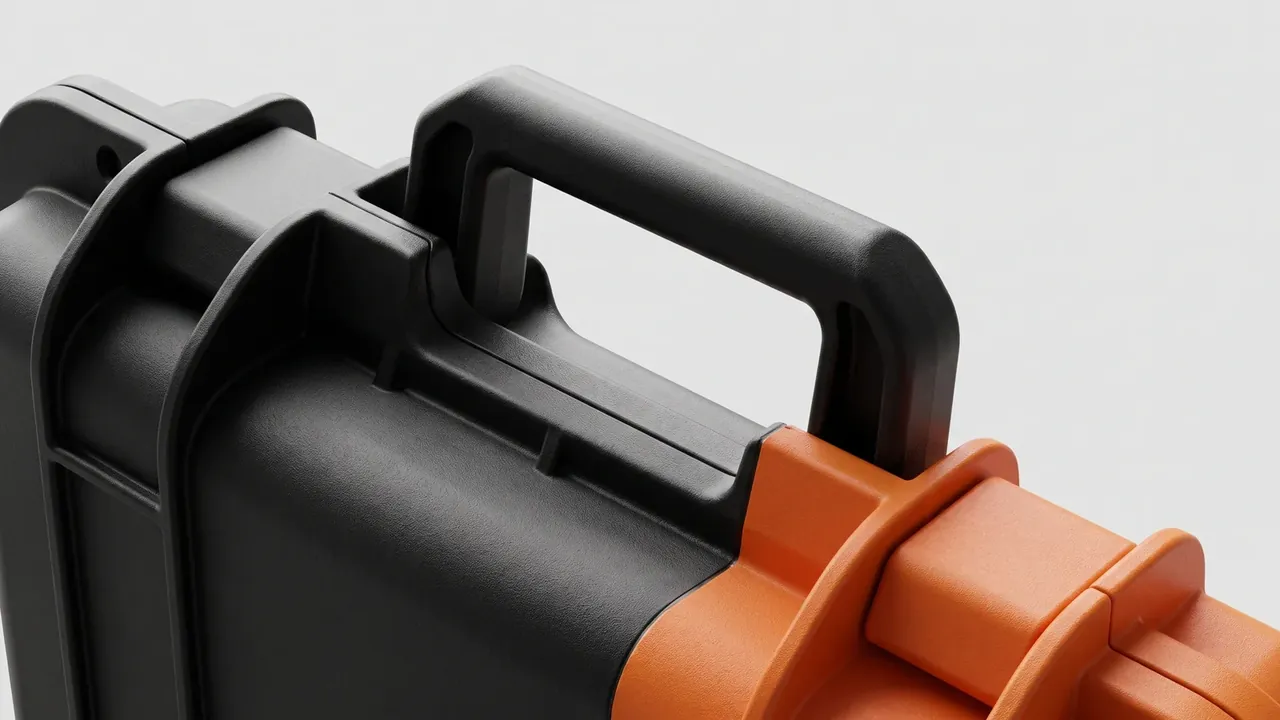 Wholesale plastic boxes China manufacturer: close-up of black and orange case bodies side by side, ribbed walls, a folded handle and a latch seat