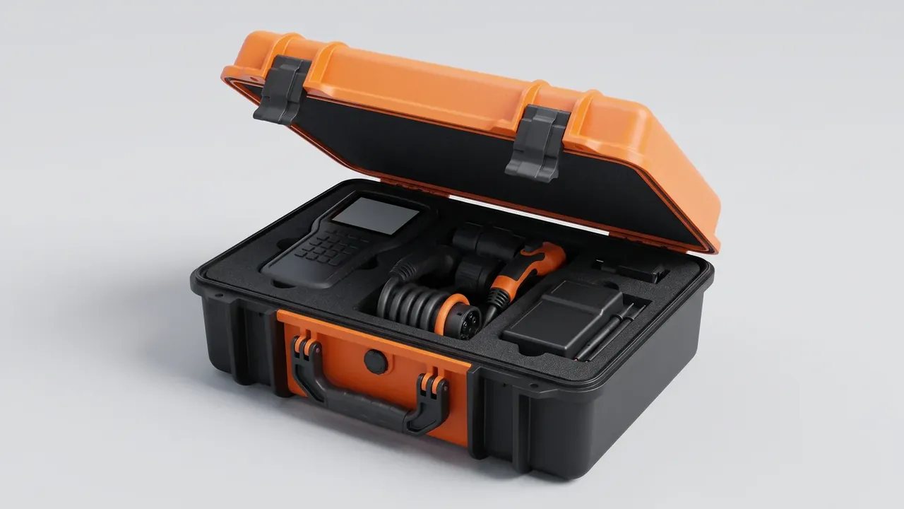 Wholesale plastic boxes China manufacturer: two-tone orange and black case open, foam holding a handheld terminal, a coiled cable and a plug, two lid latches