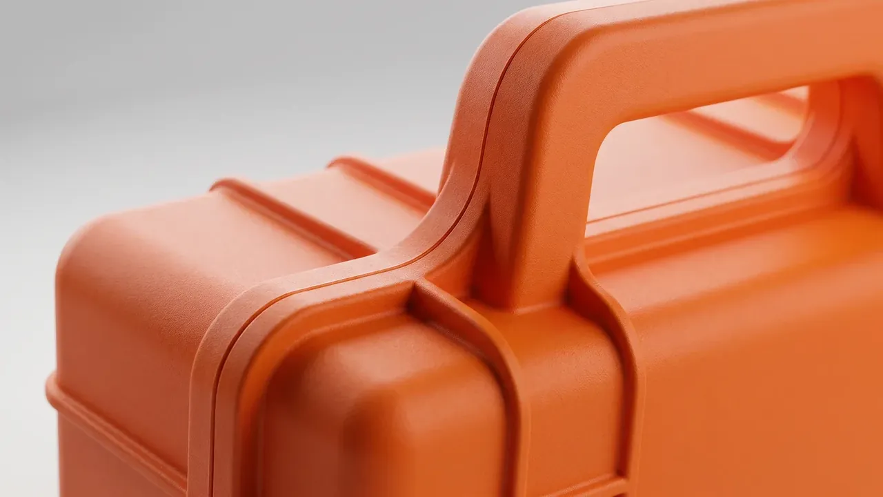 Tethering cases: close-up of an orange case corner, moulded handle fused to the lid, thickened ribs at both roots, even parting seam, pale grey backdrop